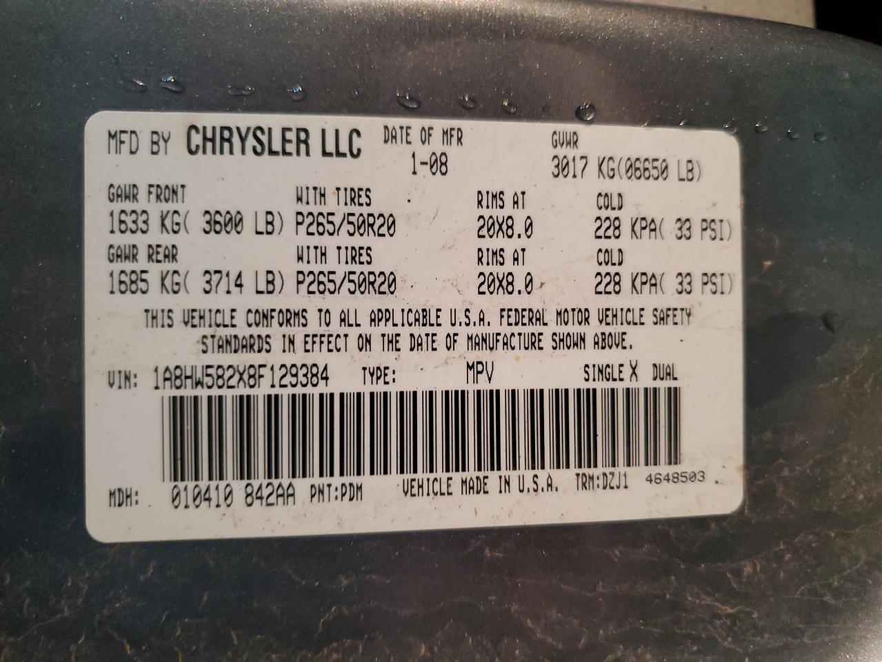 2008 Chrysler Aspen Limited VIN: 1A8HW582X8F129384 Lot: 52198845