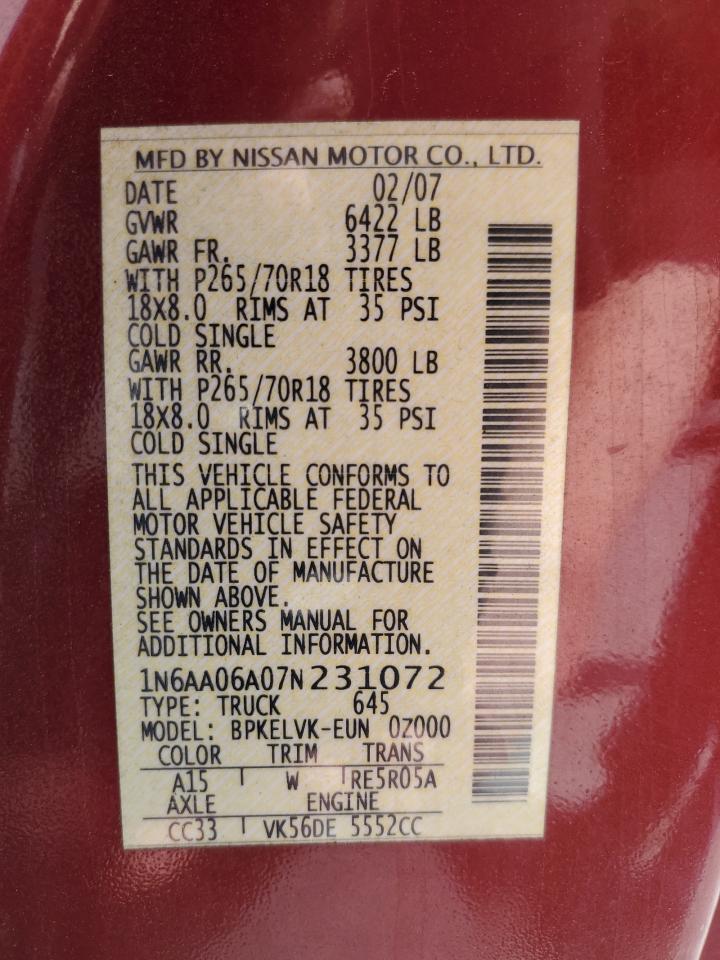 2007 Nissan Titan Xe VIN: 1N6AA06A07N231072 Lot: 51166315