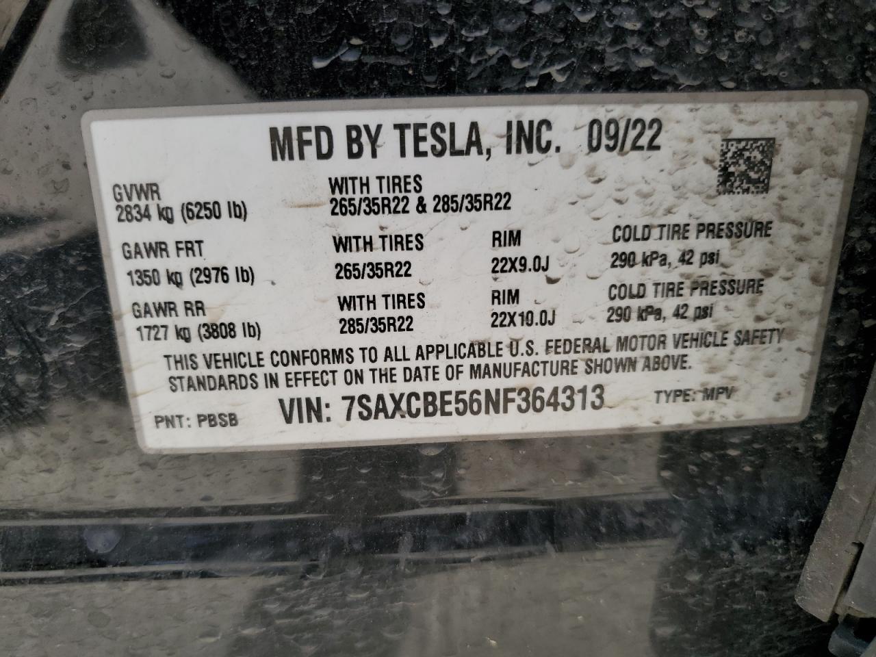 2022 Tesla Model X VIN: 7SAXCBE56NF364313 Lot: 53041075