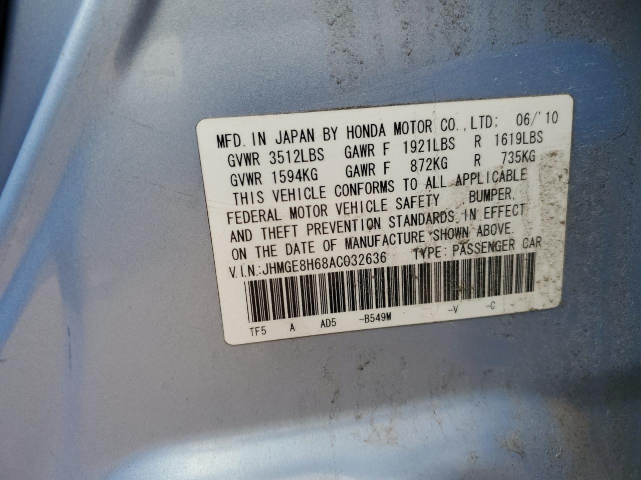2010 Honda Fit Sport VIN: JHMGE8H68AC032636 Lot: 54779935