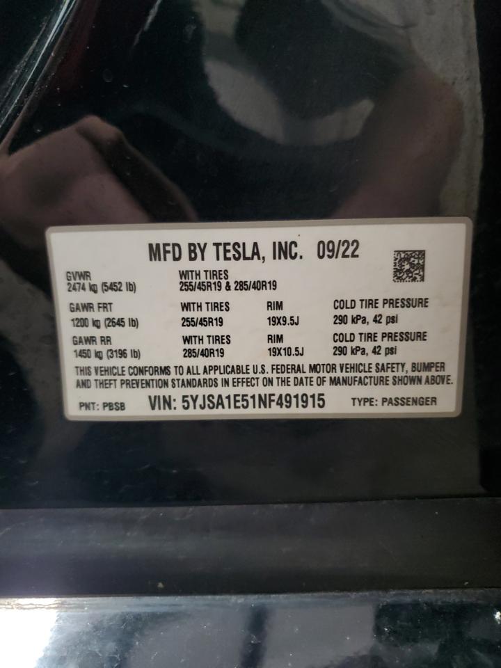 2022 Tesla Model S VIN: 5YJSA1E51NF491915 Lot: 54210065