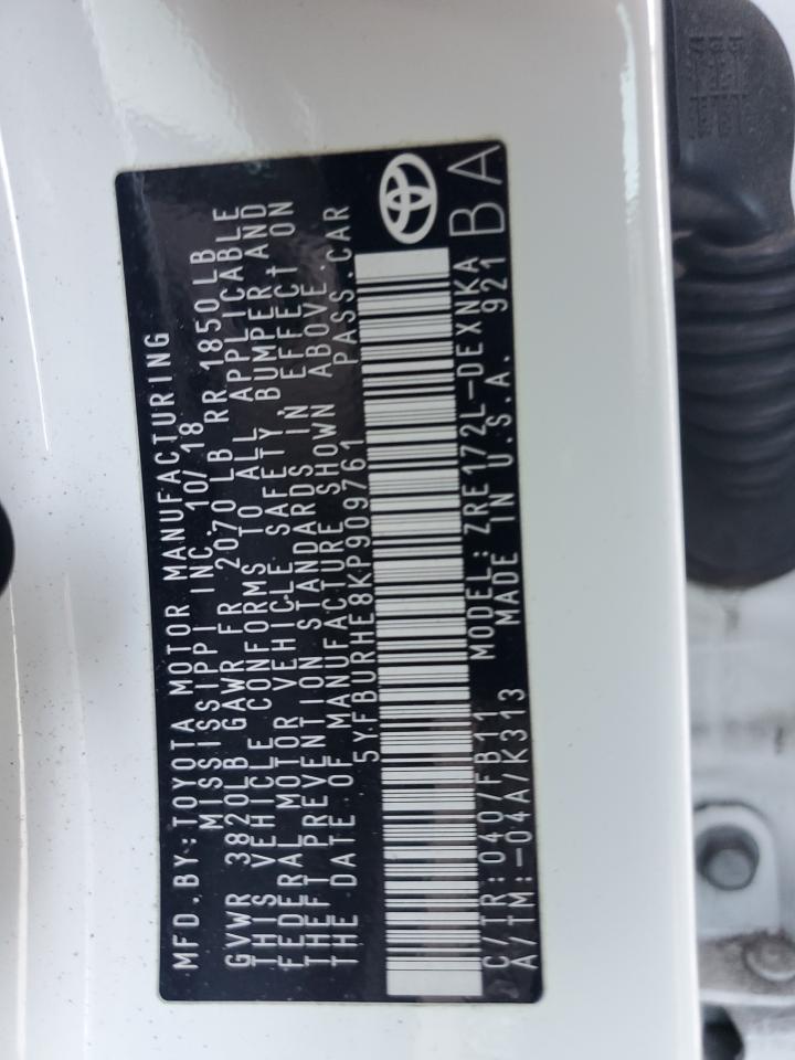 2019 Toyota Corolla L VIN: 5YFBURHE8KP909761 Lot: 54920985