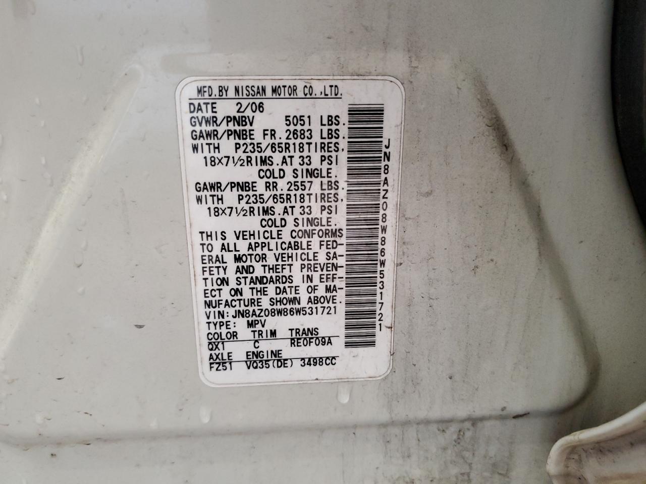 2006 Nissan Murano Sl VIN: JN8AZ08W86W531721 Lot: 51803605