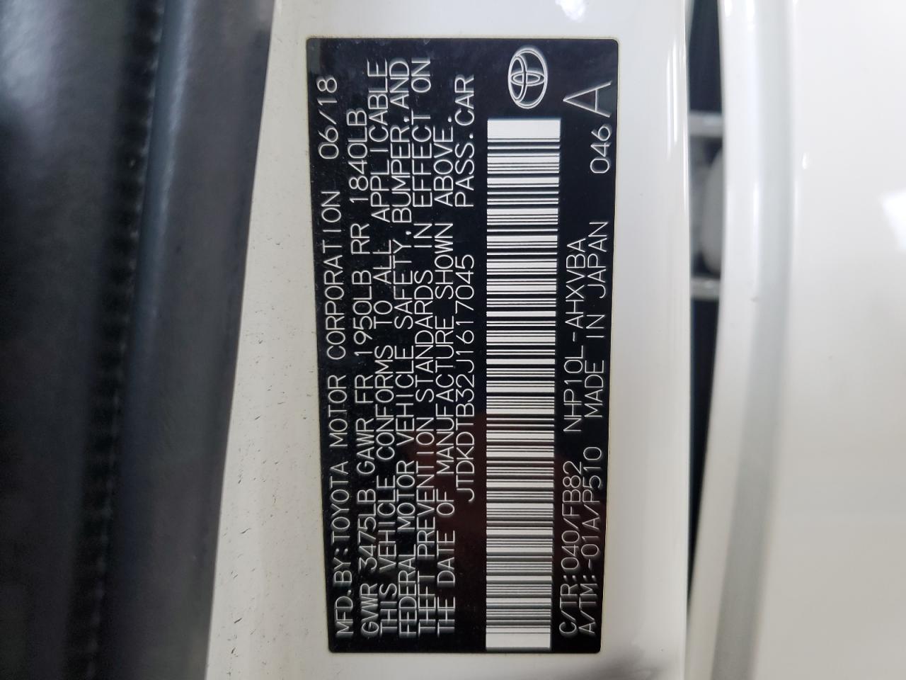 2018 Toyota Prius C VIN: JTDKDTB32J1617045 Lot: 50398665