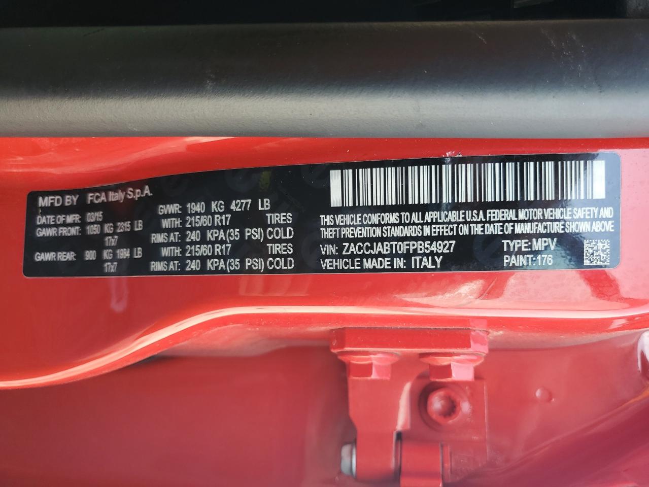 JEEP RENEGADE 2015 VIN ZACCJABT0FPB54927 фото 13