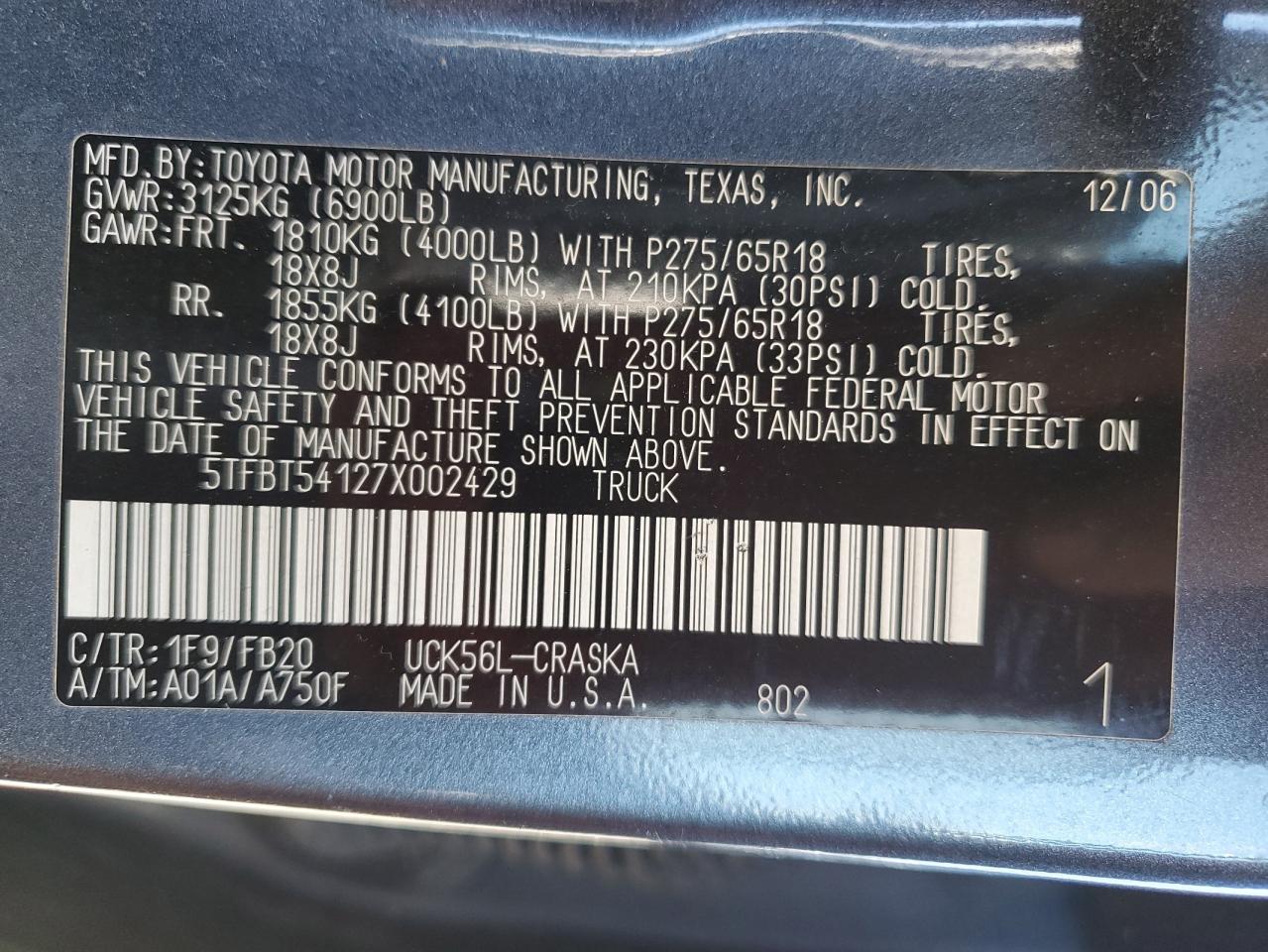 2007 Toyota Tundra Double Cab Sr5 VIN: 5TFBT54127X002429 Lot: 53444225
