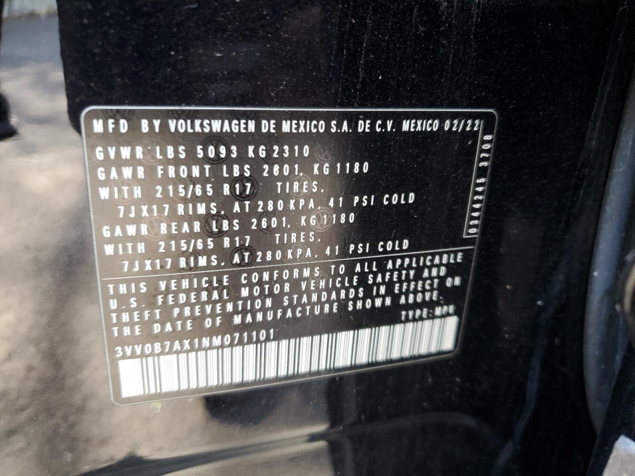 2022 Volkswagen Tiguan S VIN: 3VV0B7AX1NM071101 Lot: 52790005