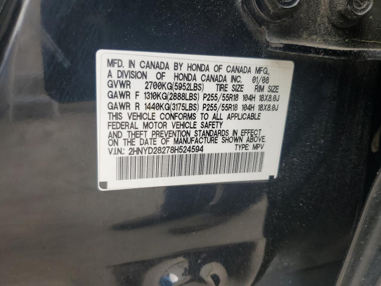 2008 Acura Mdx VIN: 2HNYD28278H524594 Lot: 54352315