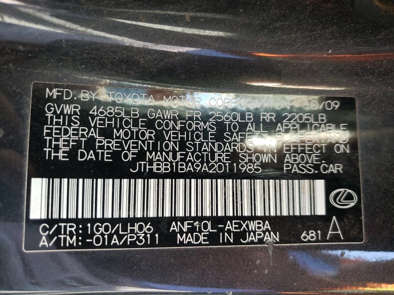 2010 Lexus Hs 250H VIN: JTHBB1BA9A2011985 Lot: 55134005