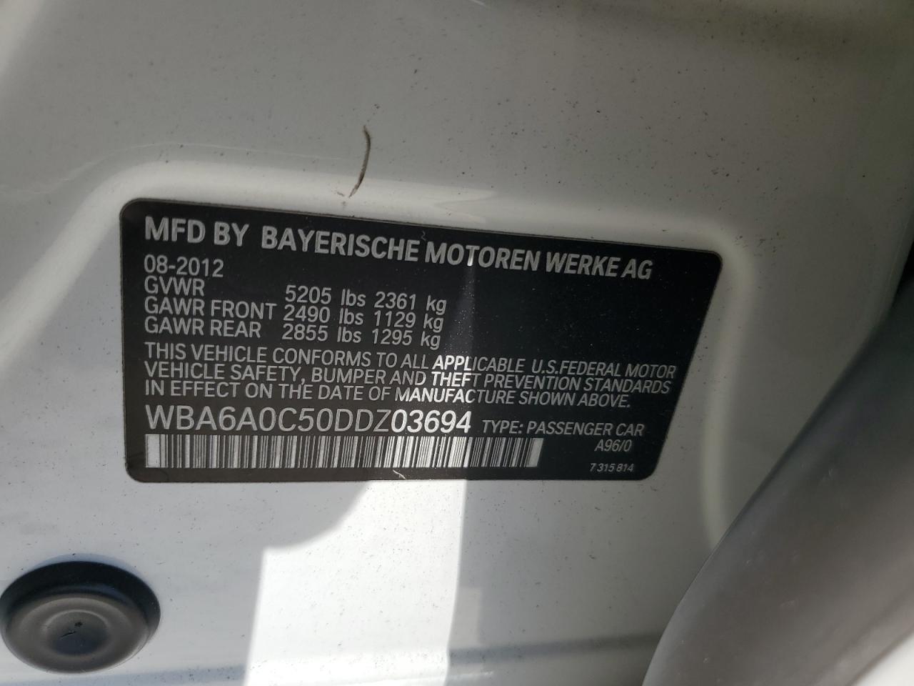 2013 BMW 640 I VIN: WBA6A0C50DDZ03694 Lot: 54493195