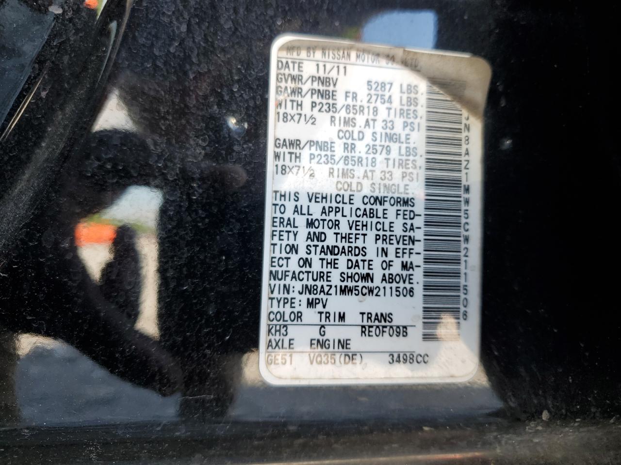 2012 Nissan Murano S VIN: JN8AZ1MW5CW211506 Lot: 52824185