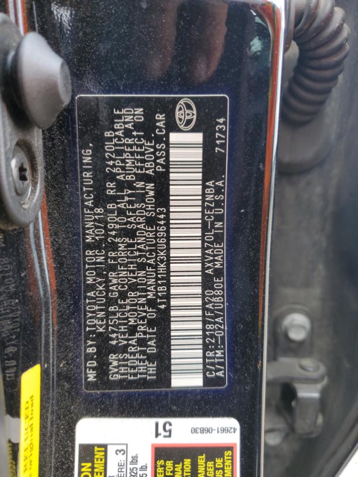 2019 Toyota Camry L VIN: 4T1B11HK3KU696443 Lot: 53684635