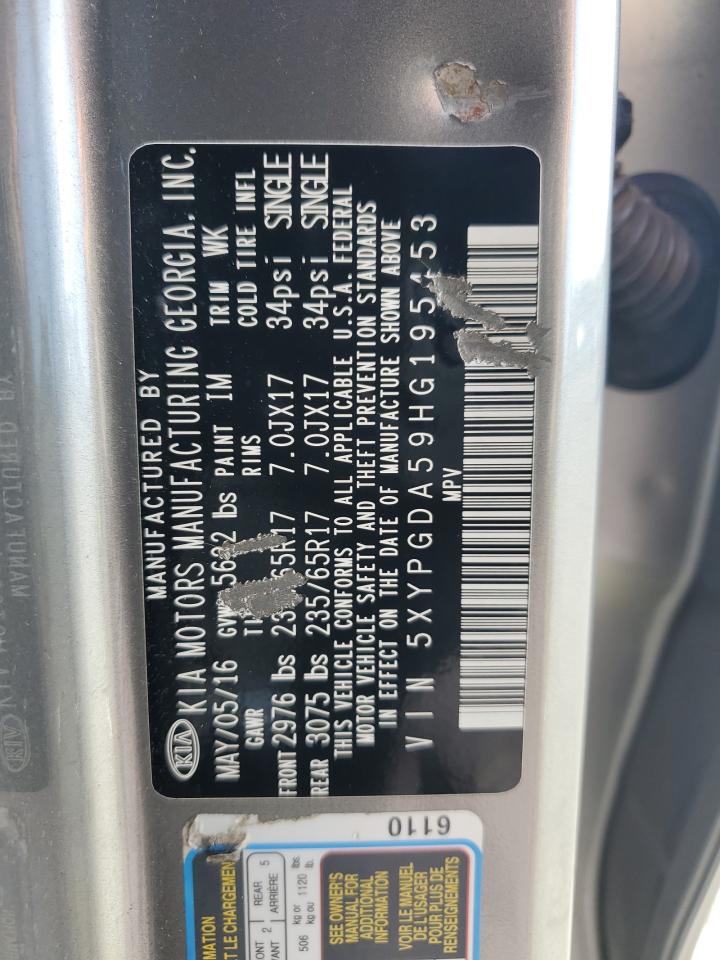 2017 Kia Sorento Lx VIN: 5XYPGDA59HG195453 Lot: 54216215