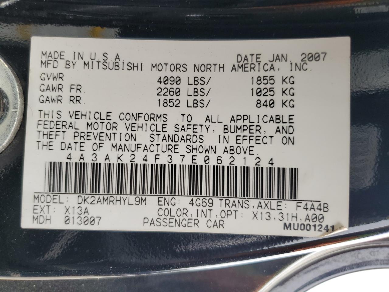 2007 Mitsubishi Eclipse Gs VIN: 4A3AK24F37E062124 Lot: 54323495