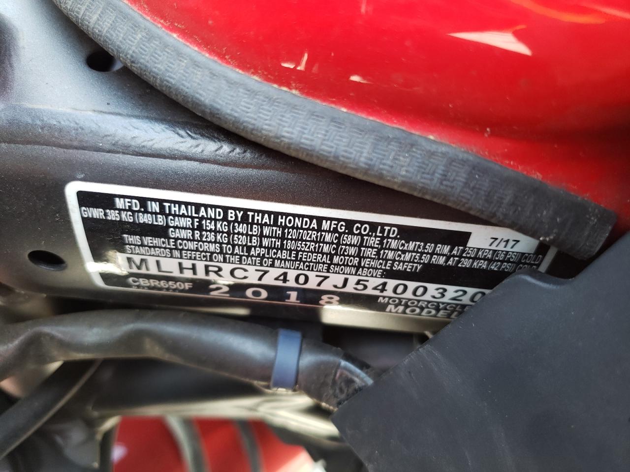 2018 Honda Cbr650 F VIN: MLHRC7407J5400320 Lot: 55017525