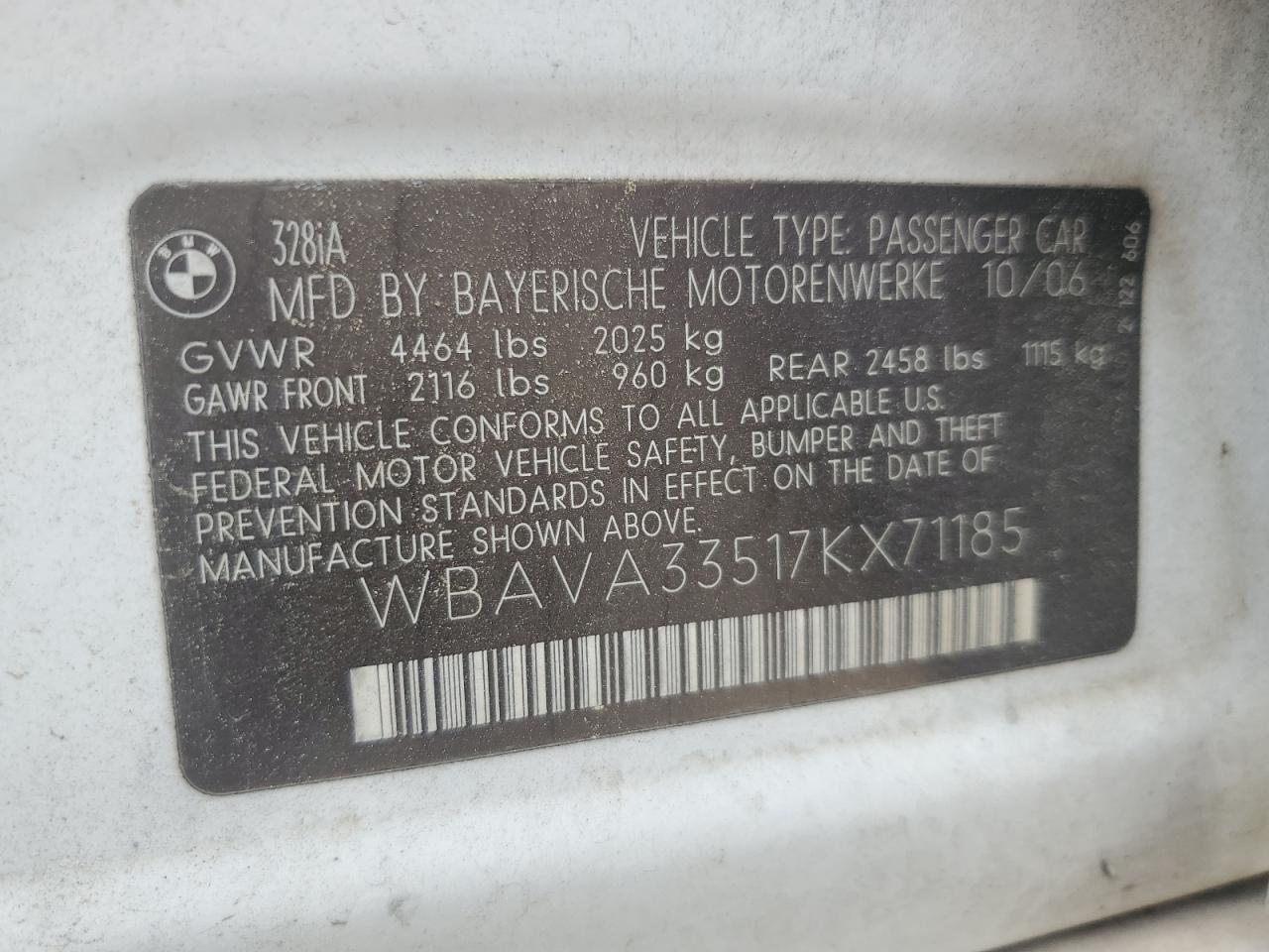 2007 BMW 328 VIN: WBVA33517KX71185 Lot: 53839015