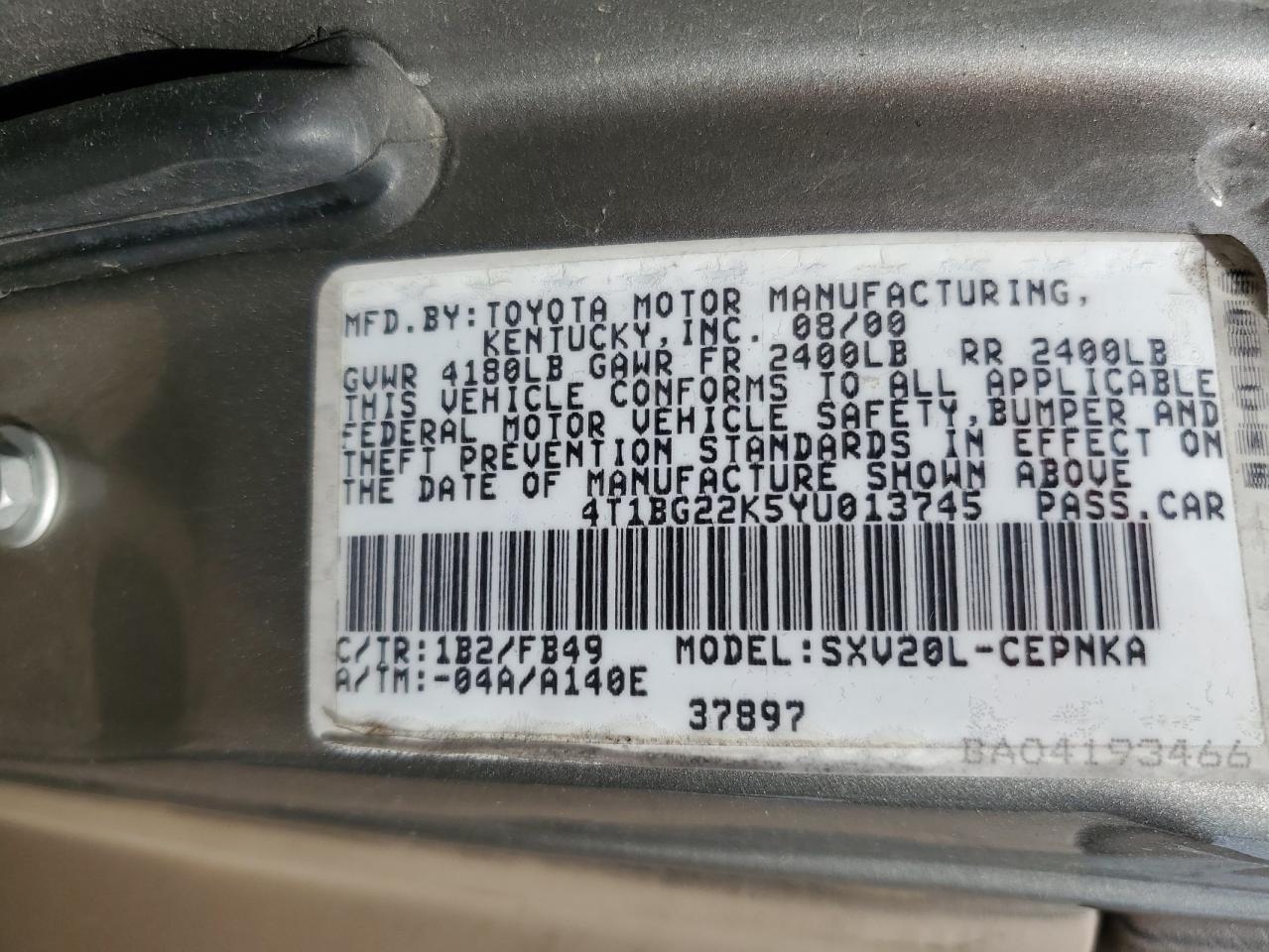 2000 Toyota Camry Ce VIN: 4T1BG22K5YU013745 Lot: 54010315