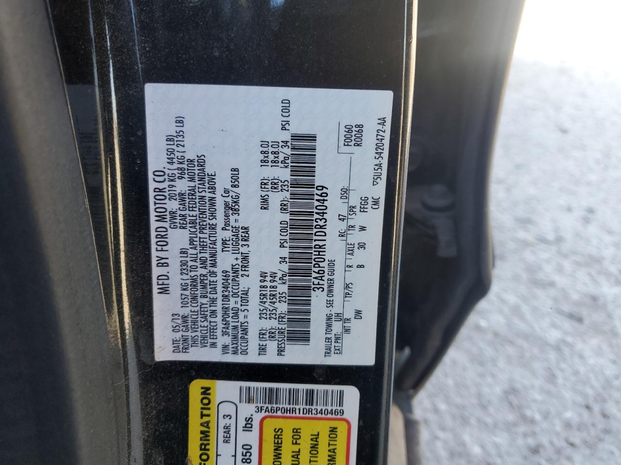 2013 Ford Fusion Se VIN: 3FA6P0HR1DR340469 Lot: 52150605
