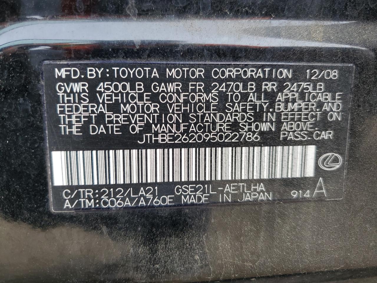 2009 Lexus Is 350 VIN: JTHBE262095022786 Lot: 89836925