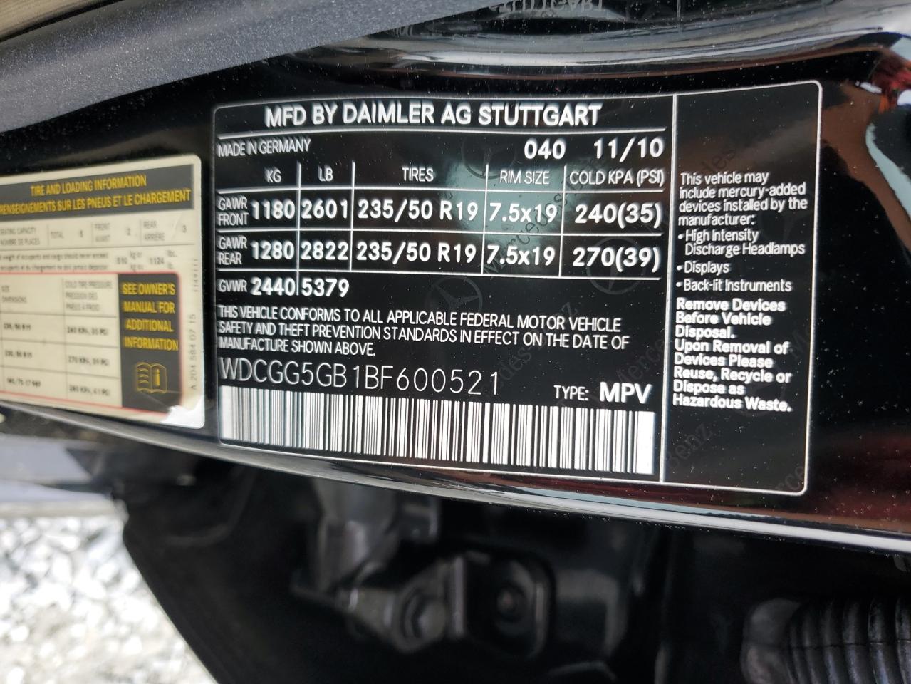 2011 Mercedes-Benz Glk 350 VIN: WDCGG5GB1BF600521 Lot: 51494535