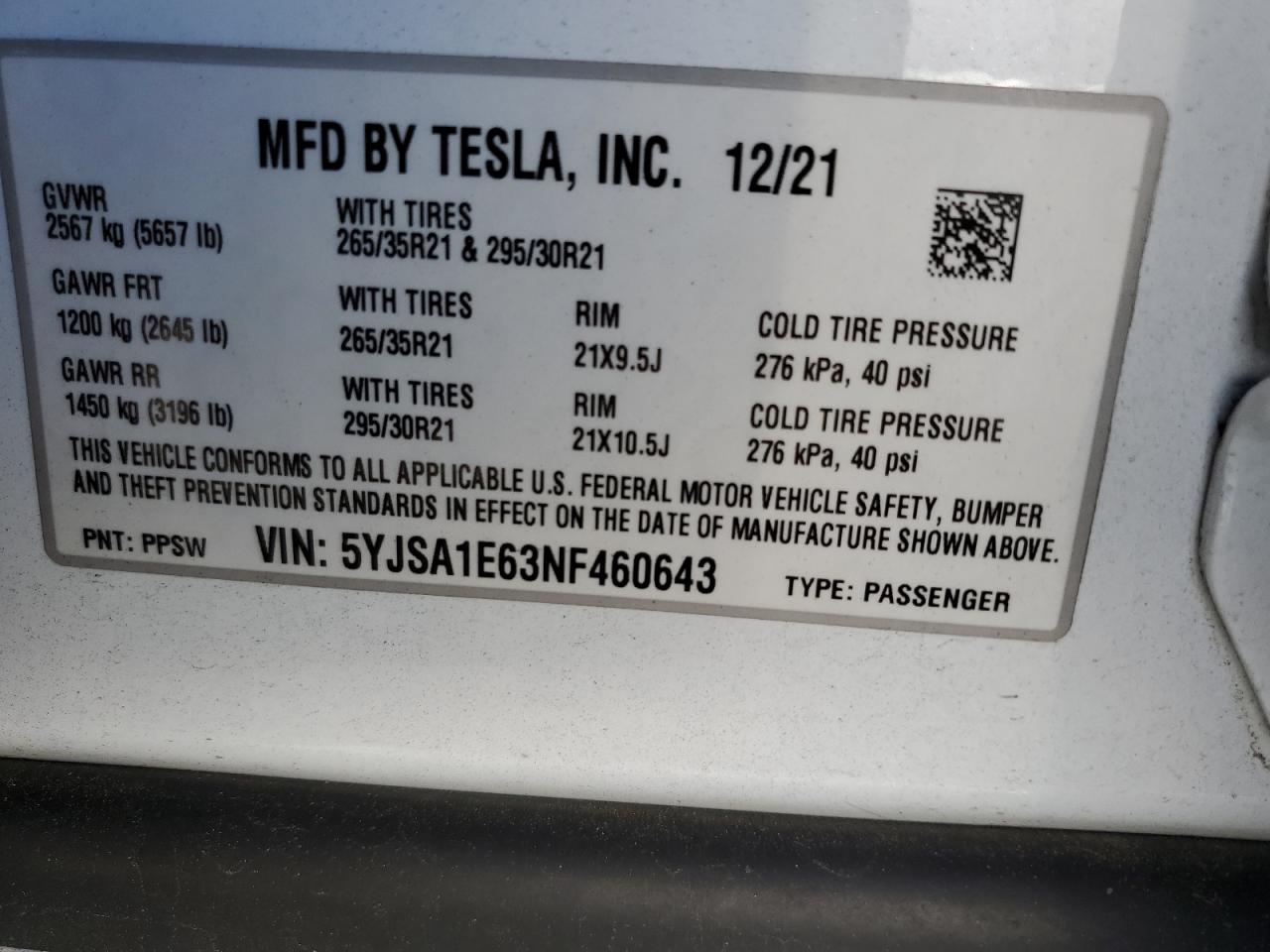 2022 Tesla Model S VIN: 5YJSA1E63NF460643 Lot: 54665505