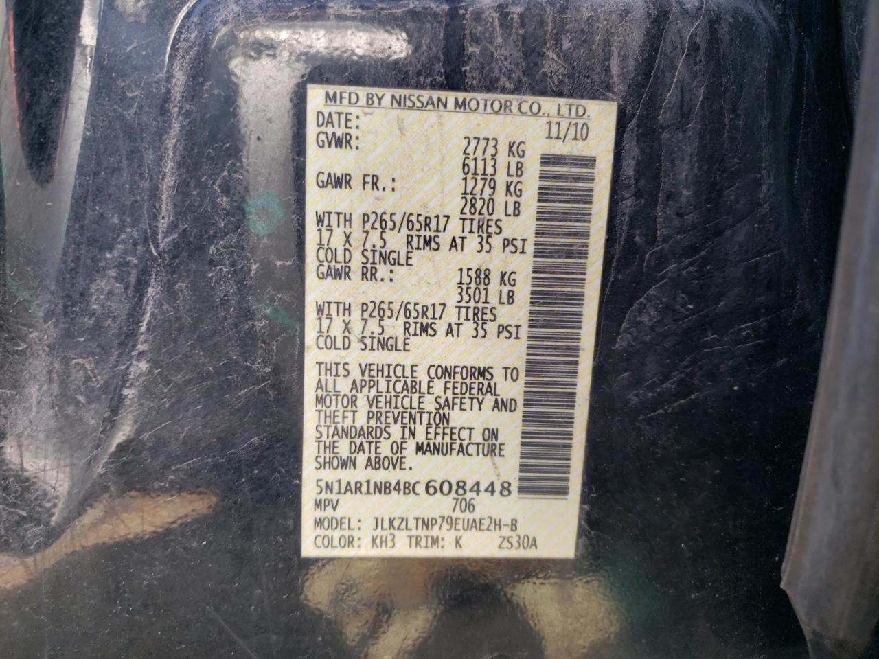 2011 Nissan Pathfinder S VIN: 5N1AR1NB4BC608448 Lot: 51505295