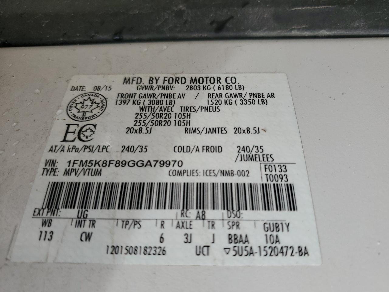 2016 Ford Explorer Limited VIN: 1FM5K8F89GGA79970 Lot: 51429635