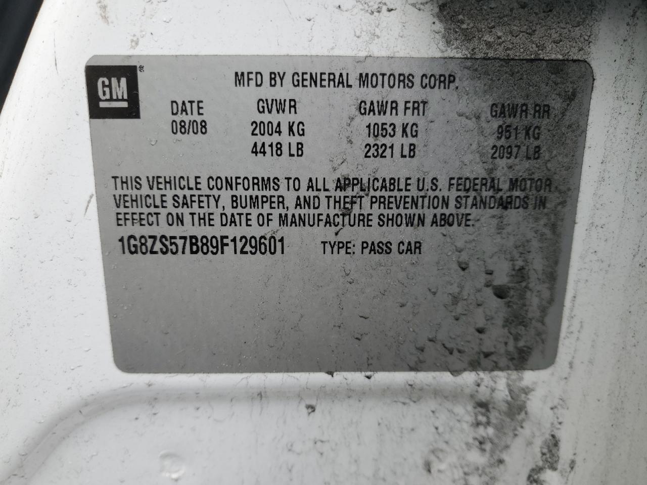 2009 Saturn Aura Xe VIN: 1G8ZS57B89F129601 Lot: 52716025