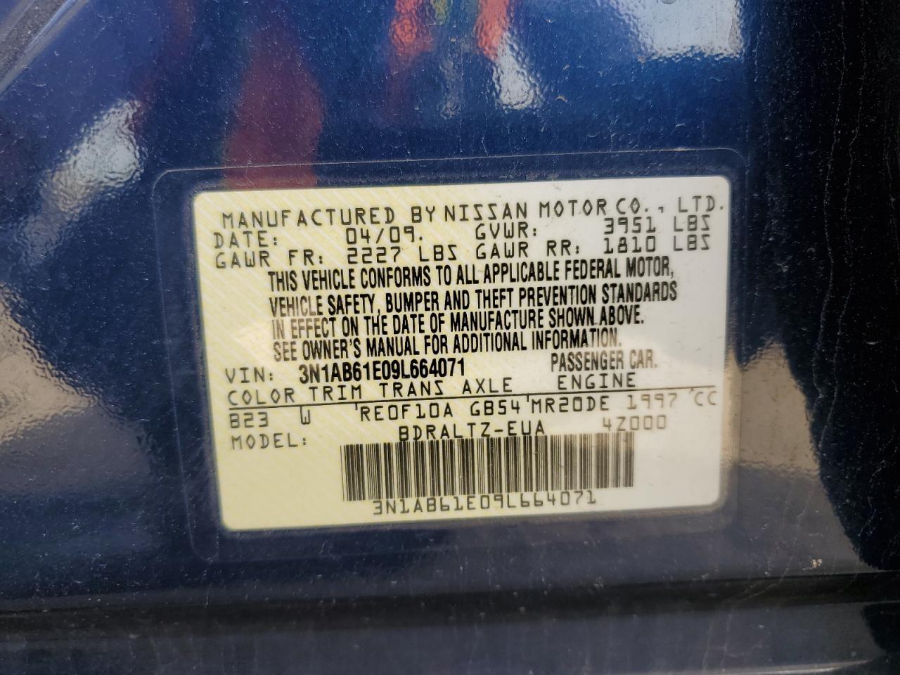 2009 Nissan Sentra 2.0 VIN: 3N1AB61E09L664071 Lot: 53871875