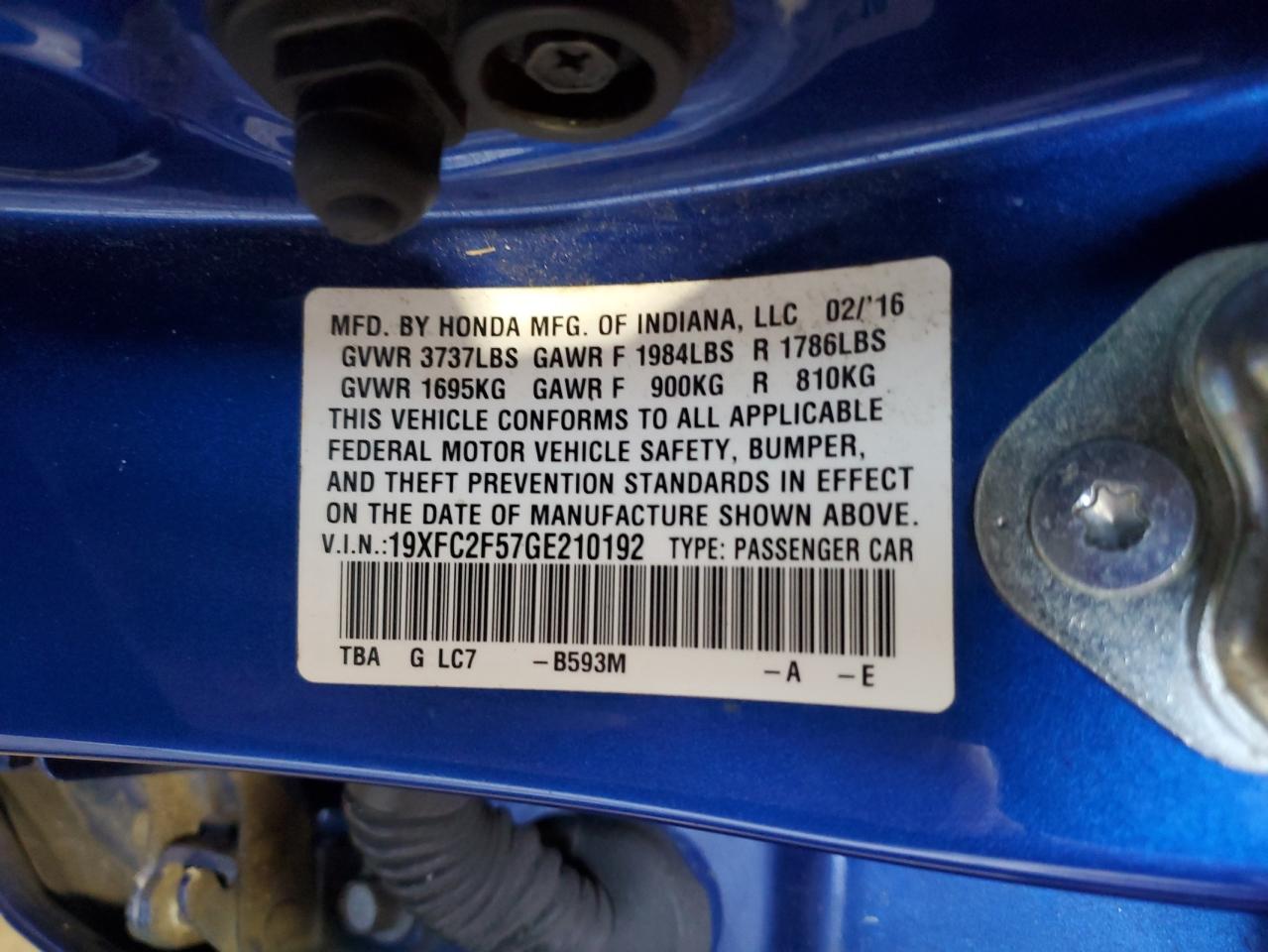 2016 Honda Civic Lx VIN: 19XFC2F57GE210192 Lot: 53742465