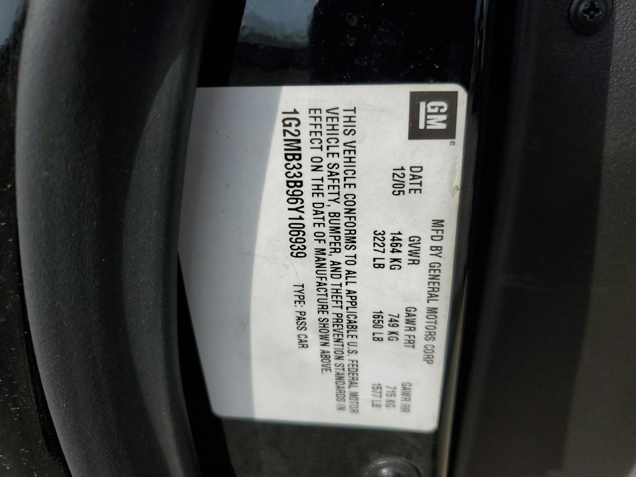 2006 Pontiac Solstice VIN: 1G2MB33B96Y106939 Lot: 51606095