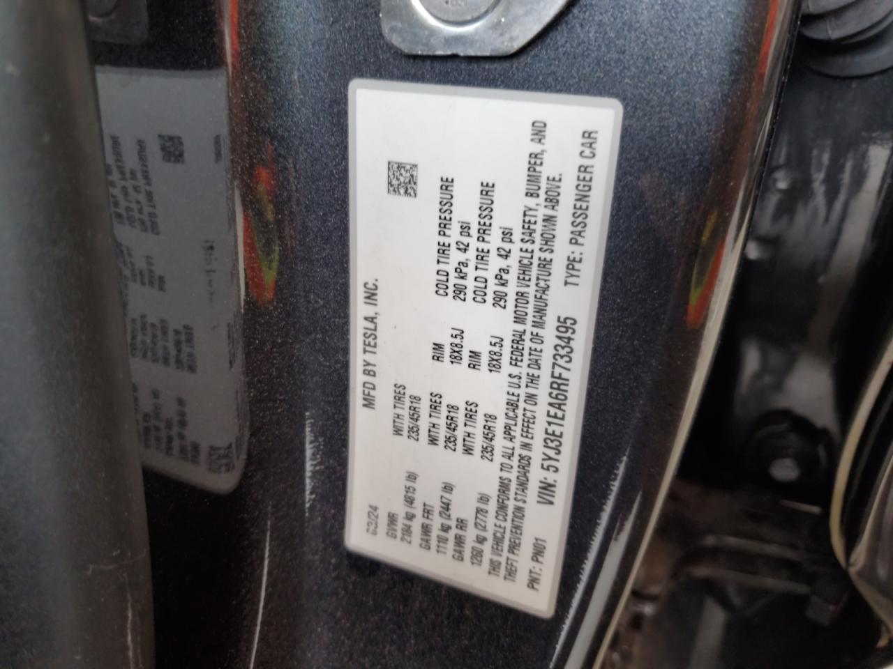 2024 Tesla Model 3 VIN: 5YJ3E1EA6RF733495 Lot: 51755205