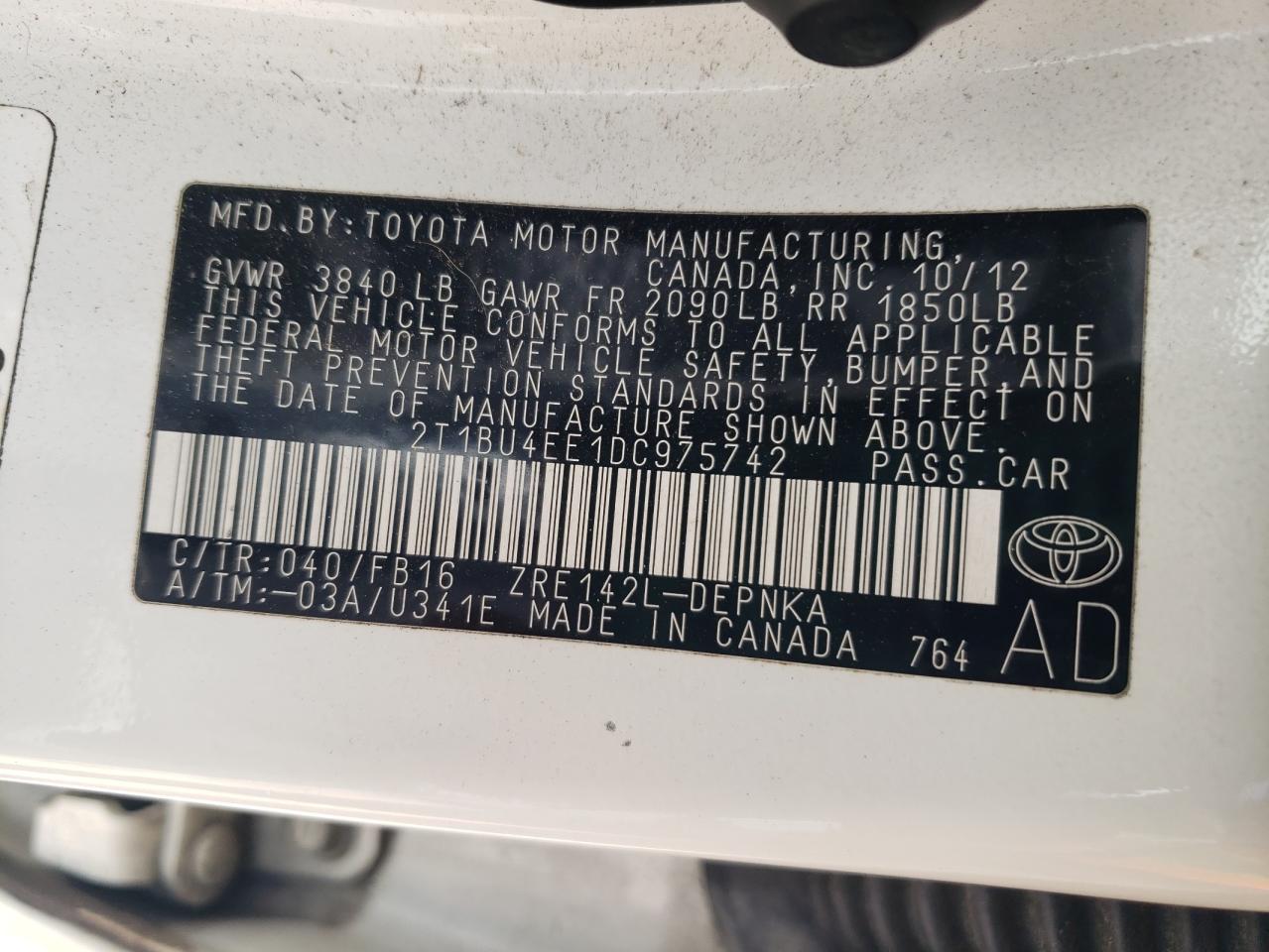 2013 Toyota Corolla Base VIN: 2T1BU4EE1DC975742 Lot: 55059325