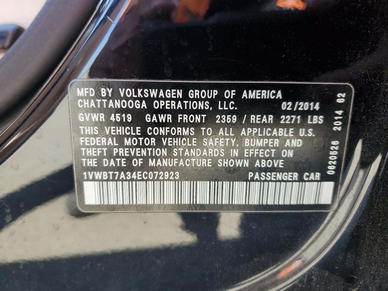 2014 Volkswagen Passat Se VIN: 1VWBT7A34EC072923 Lot: 53858025