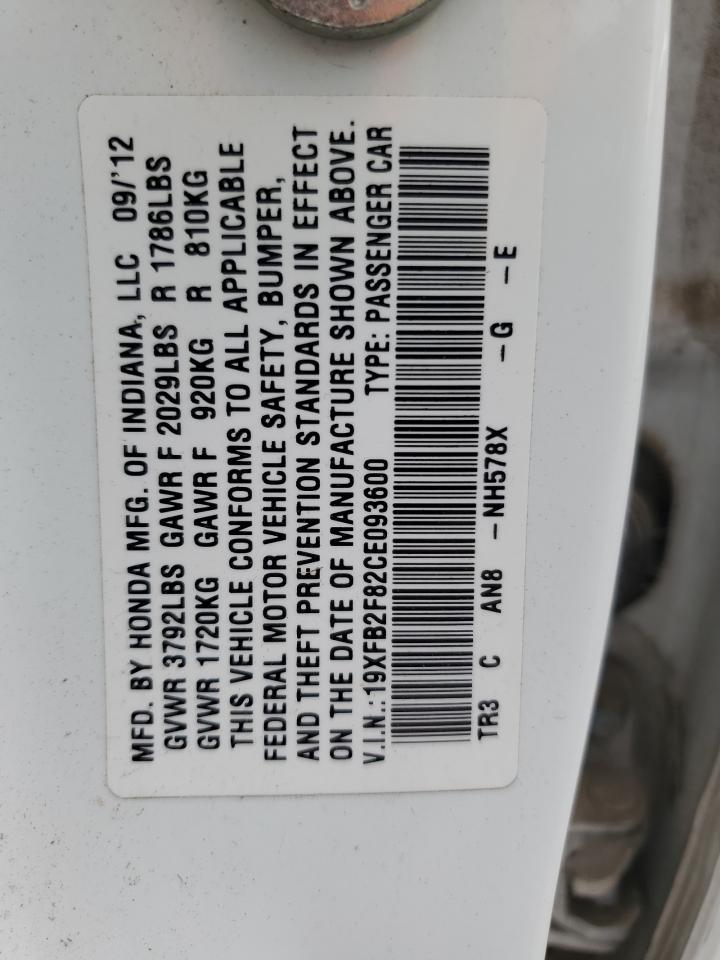 2012 Honda Civic Ex VIN: 19XFB2F82CE093600 Lot: 51151935