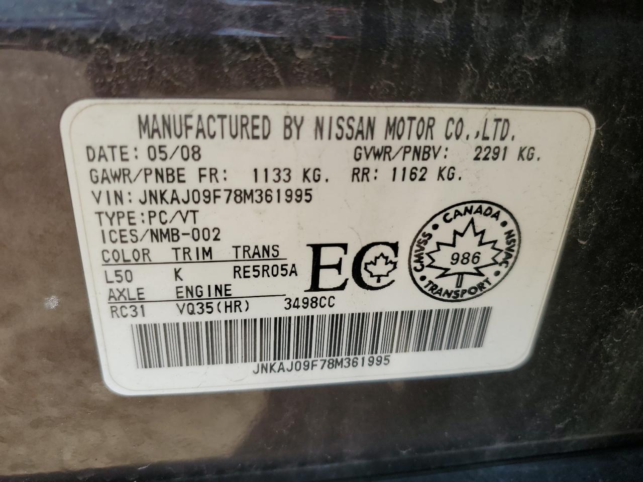 2008 Infiniti Ex35 Base VIN: JNKAJ09F78M361995 Lot: 54568975