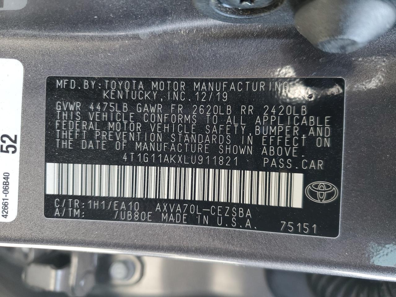 2020 Toyota Camry Se VIN: 4T1G11AKXLU911821 Lot: 54987425