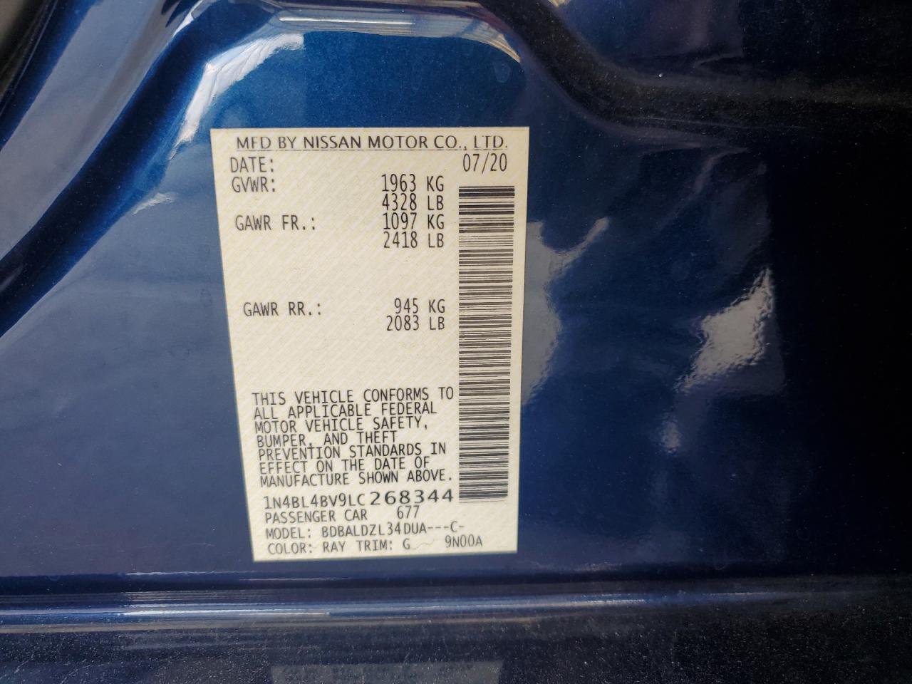 2020 Nissan Altima S VIN: 1N4BL4BV9LC268344 Lot: 55235245