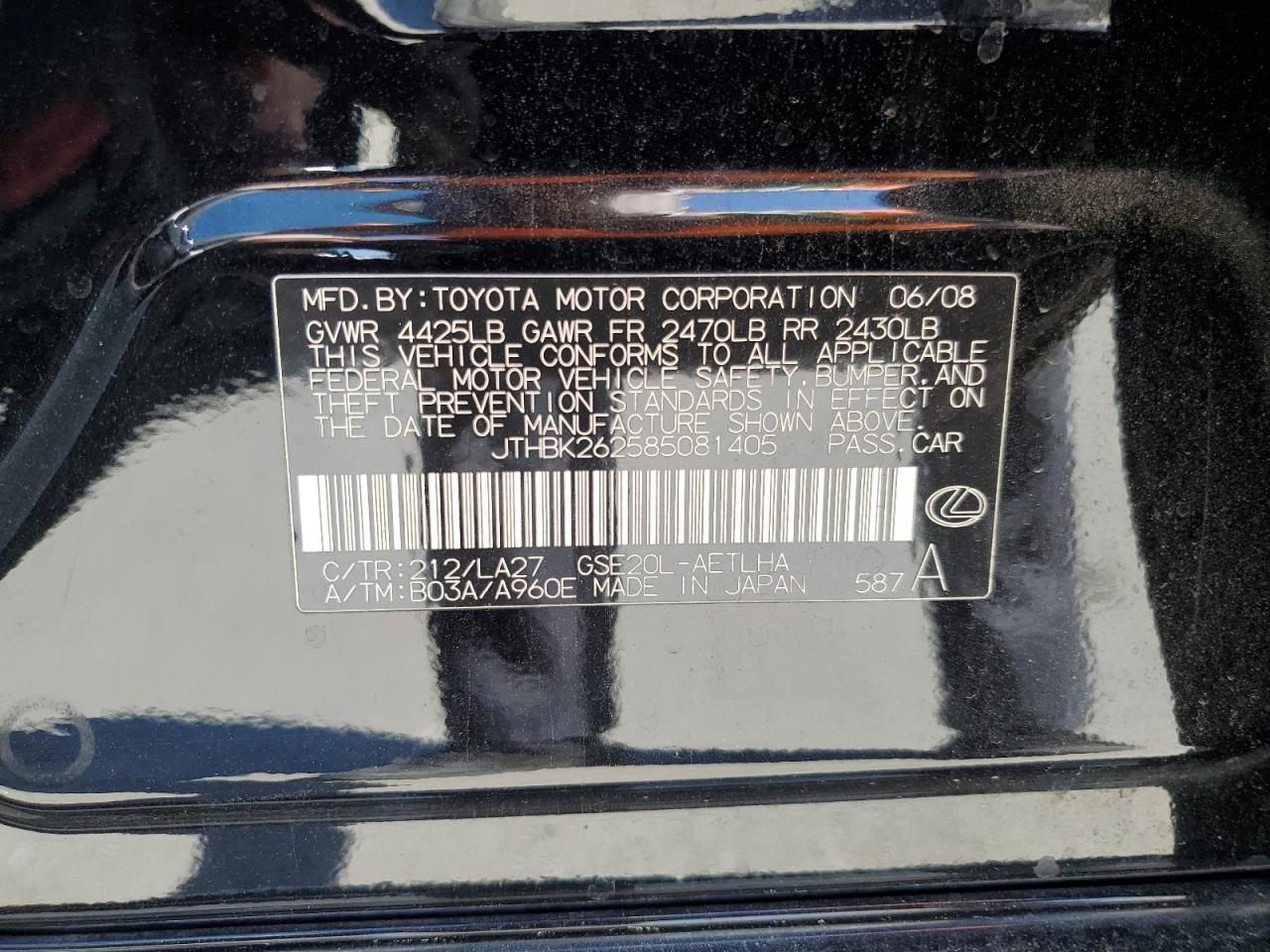 2008 Lexus Is 250 VIN: JTHBK262585081405 Lot: 52920565