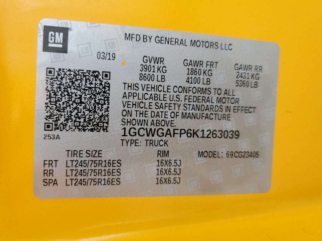 2019 Chevrolet Express G2500 VIN: 1GCWGAFP6K1263039 Lot: 54548365