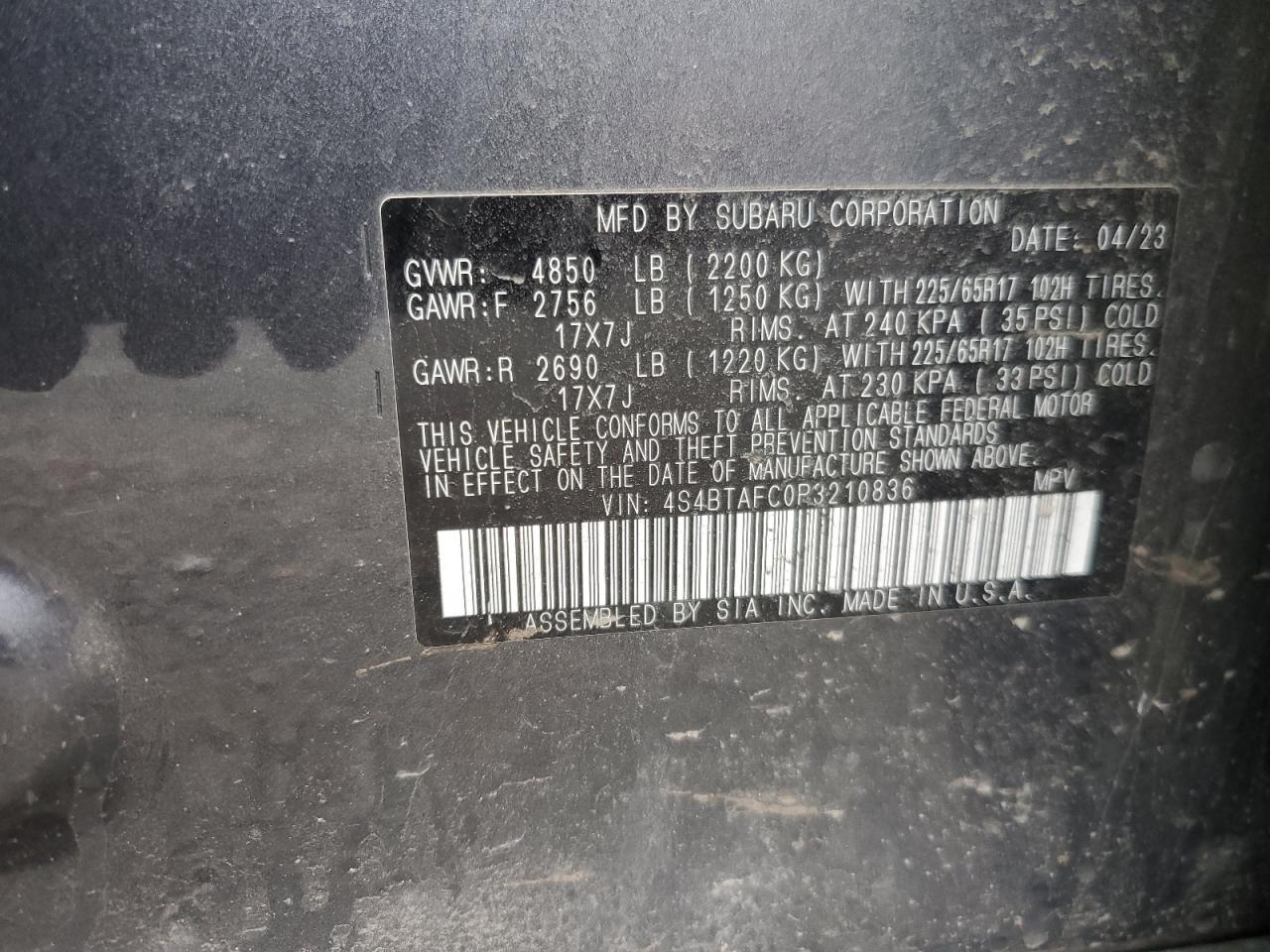 2023 Subaru Outback Premium VIN: 4S4BTAFC0P3210836 Lot: 53441075