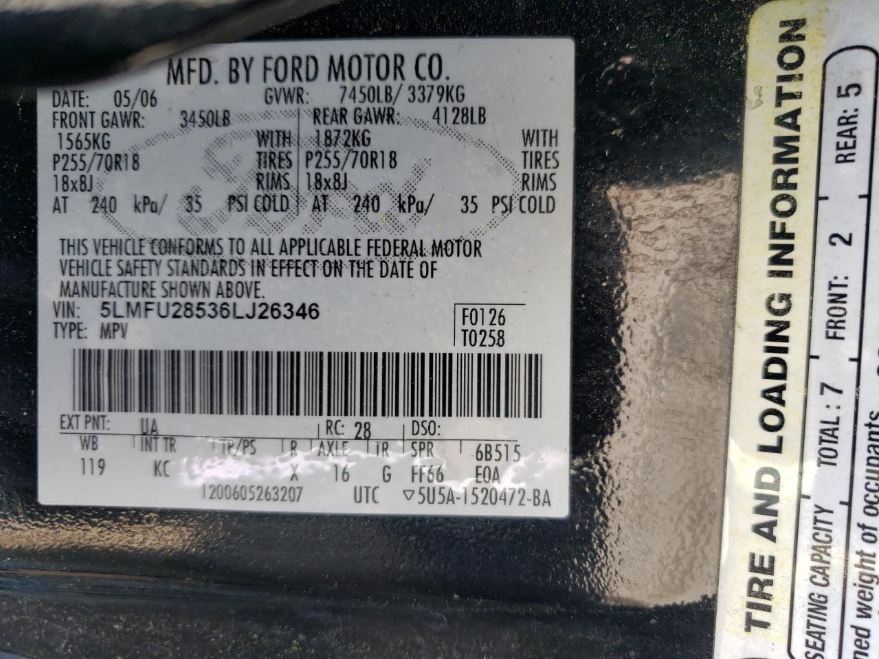 2006 Lincoln Navigator VIN: 5LMFU28536LJ26346 Lot: 51422905