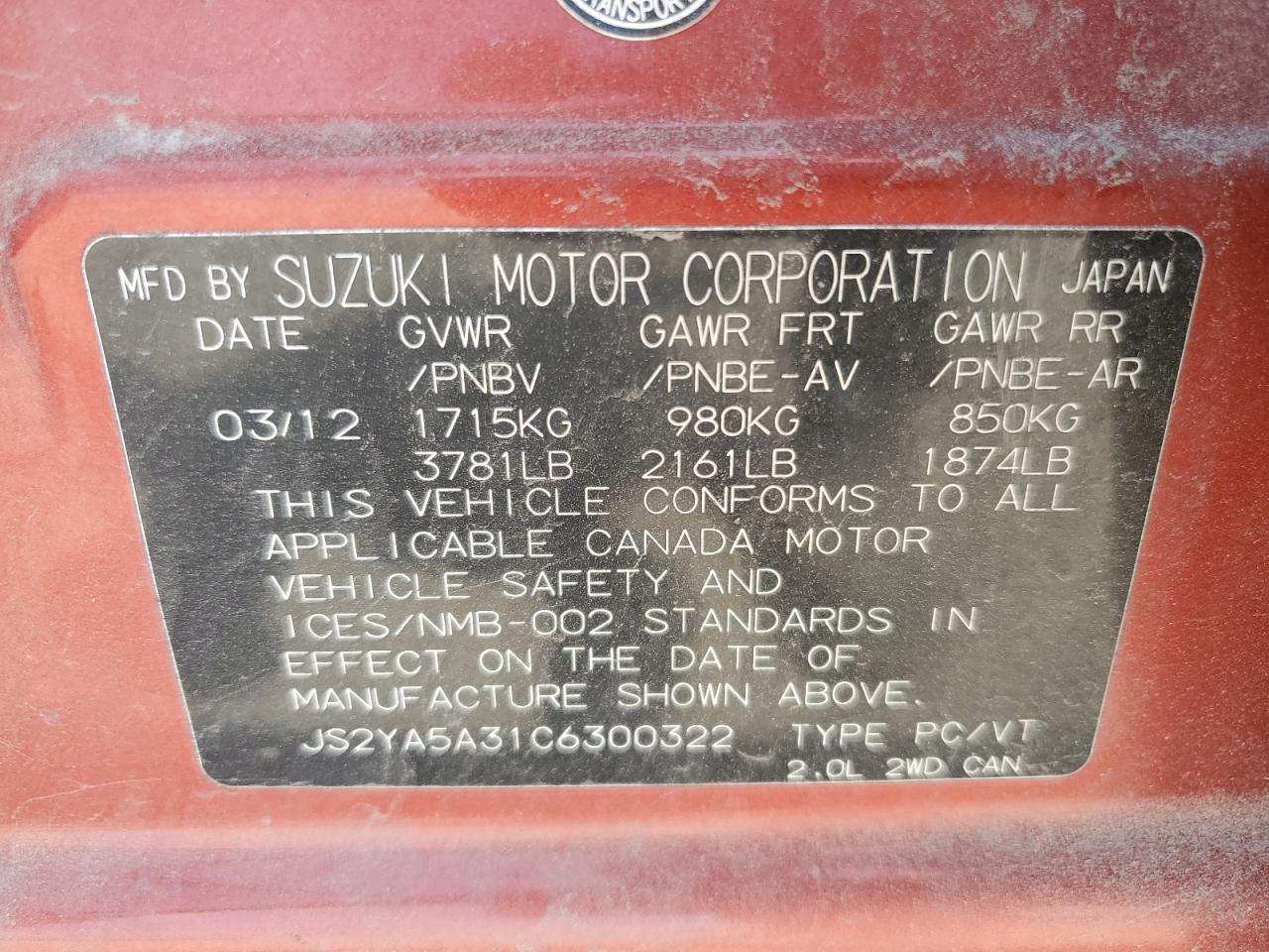 2012 Suzuki Sx4 VIN: JS2YA5A31C6300322 Lot: 54119035