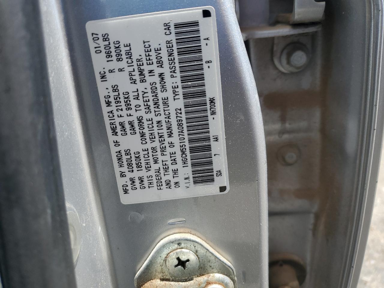2007 Honda Accord Value VIN: 1HGCM55107A089722 Lot: 55077415