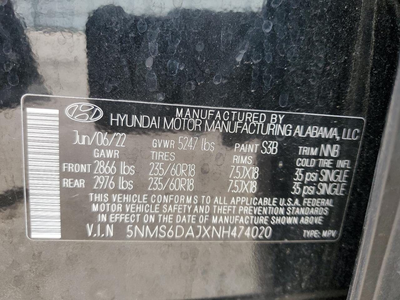 2022 Hyundai Santa Fe Sel VIN: 5NMS6DAJXNH474020 Lot: 53794335