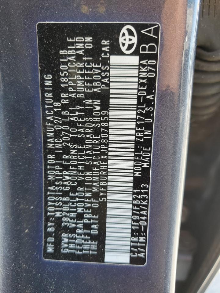 2018 Toyota Corolla L VIN: 5YFBURHEXJP807859 Lot: 53272915