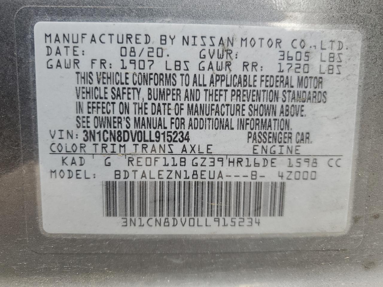 3N1CN8DV0LL915234 NISSAN VERSA 2020