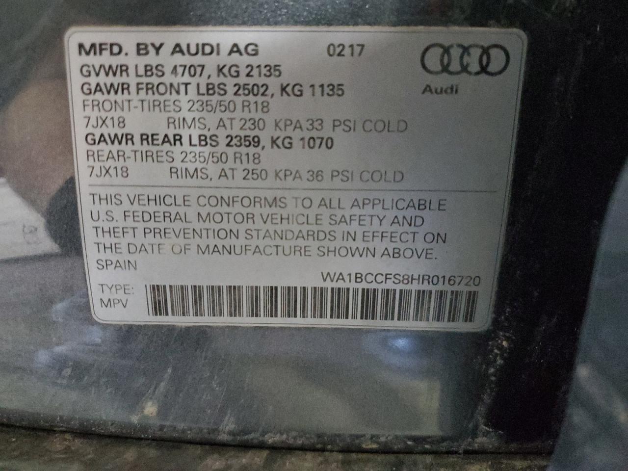 2017 Audi Q3 Premium VIN: WA1BCCFS8HR016720 Lot: 51948765