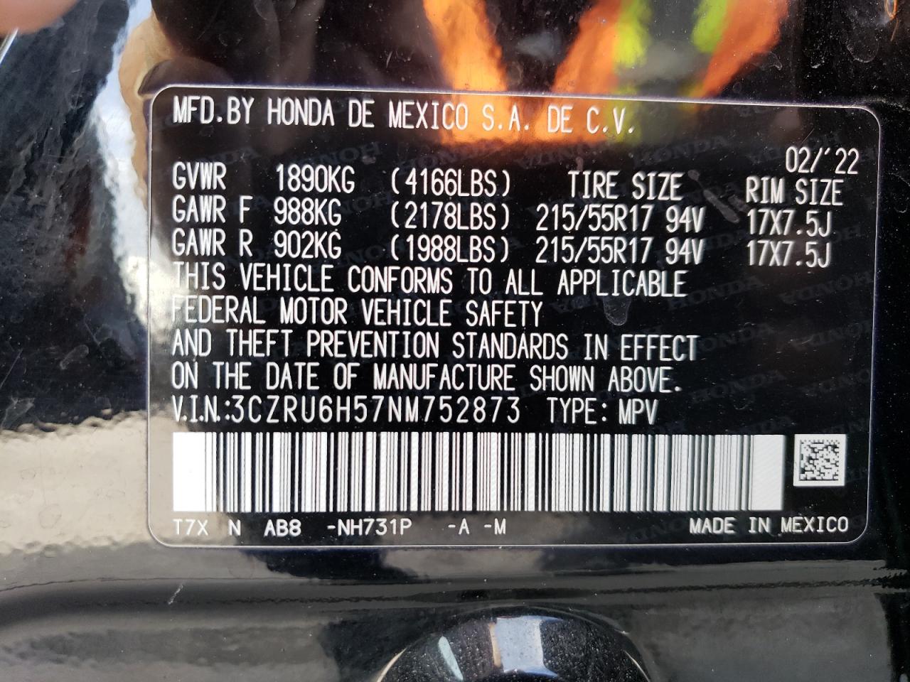 2022 Honda Hr-V Ex VIN: 3CZRU6H57NM752873 Lot: 49632425