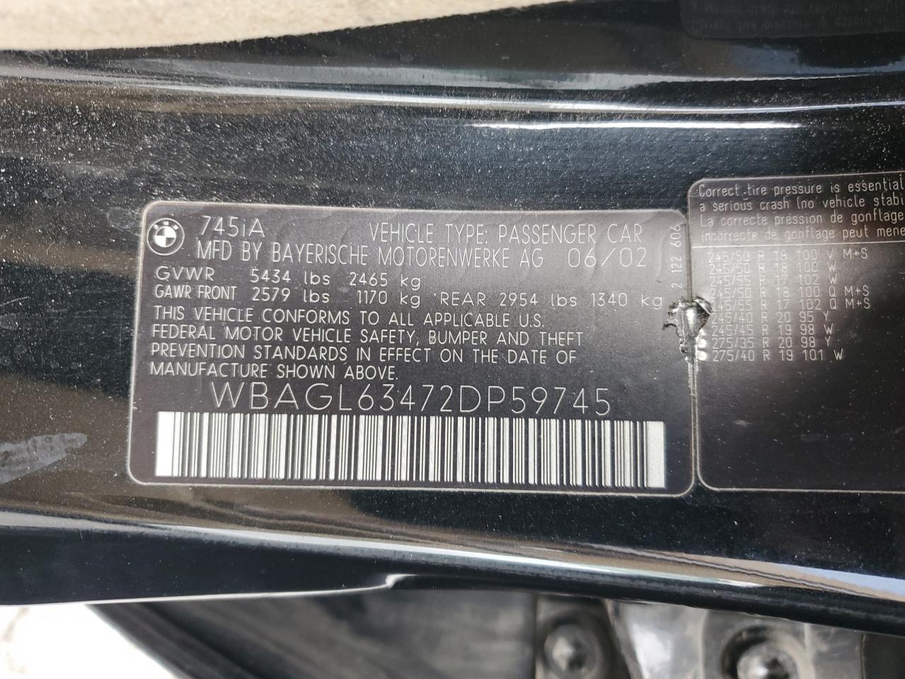 2002 BMW 745 I VIN: WBAGL63472DP59745 Lot: 53166885